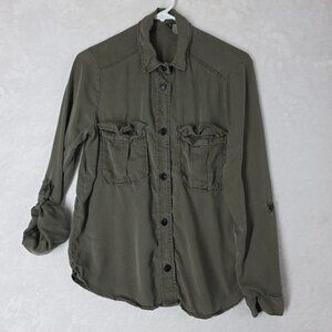 H&M Divided Womens Army Green Button Up Lyocell Collard Chambray Shirt Size 6